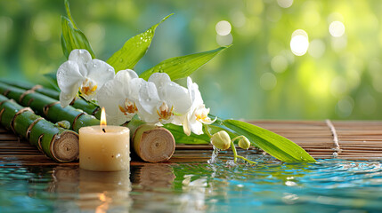 Peaceful spa setting with orchid flowers bamboo stems and burning candles creating a relaxing zen atmosphere for meditation and wellness