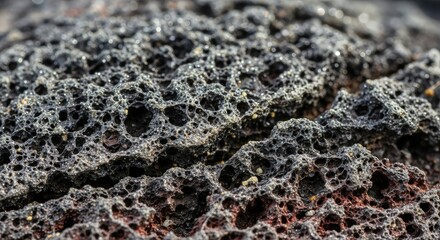 Close-up view of dark volcanic rock texture with porous surface.