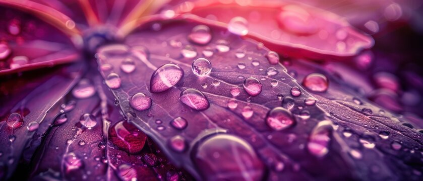 Drops of dew on a purple flower leaf close-up after rain in forest.