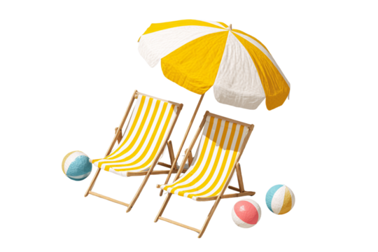 Casual Beach Setup with Tilted Umbrella, Offset Beach Chairs and Scattered Beach Balls, Angled Top-Down Perspective, Transparent Background