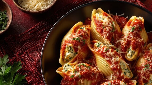 A delectable dish of stuffed pasta shells with ricotta cheese, spinach, and tomato sauce, served on a dark plate