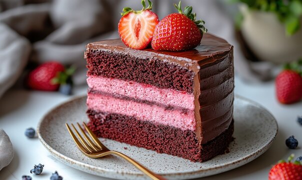 A slice of decadent chocolate cake layered with pink frosting, adorned with fresh strawberries