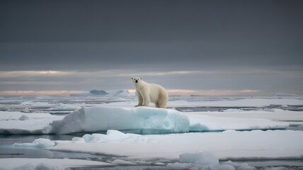 Polar Bear Standing Alone on an Iceberg Amid Icy Waters and a Cloudy Sky, Highlighting the Environmental Challenges Facing This Vulnerable Species
