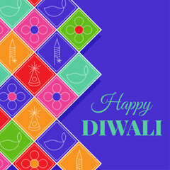 Vibrant Diwali festival pattern with geometric tiles - decorative lantern designs, flame symbols, flowers in squares. Traditional Indian celebration mosaic motifs for modern holiday invitation,
