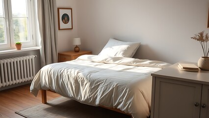 Cozy bedroom corner with a neatly made bed and nightstand, filled with soft morning sunlight.