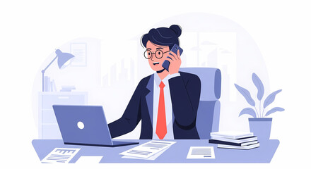 Illustrative depiction of a professional person in a business suit talking on a mobile phone while working at a desk with a laptop and papers.