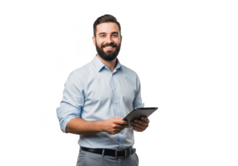Smiling man with beard holding a tablet isolated on transparent background