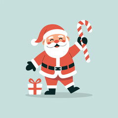Cute Santa Claus with candy cane and Christmas gift