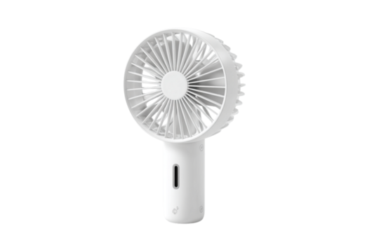 Compact Portable Pocket Fan with Rechargeable Battery, Front View on White Surface, Minimalist Studio Shot, Transparent Background