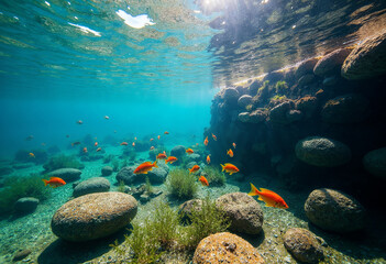 Clean Lake with Colorful Fish Underwater View