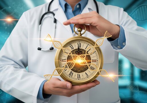 Golden Pocket Watch Held by Doctor with Dna Strands Healthcare Concept