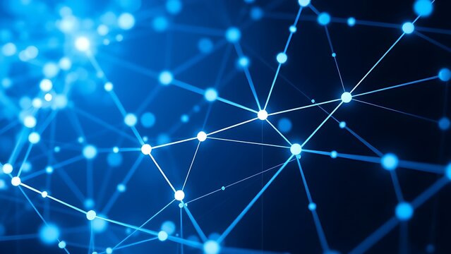 Abstract digital network with glowing blue and white nodes, illustrating connectivity and technology.