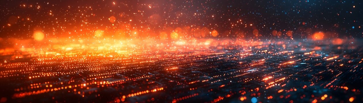 Abstract digital landscape with glowing particles data streams and futuristic light patterns