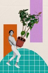 Banner 3d sketch pop art image collage of puzzled girl carry flower pot plant leaves agriculture bloom gardener spring season