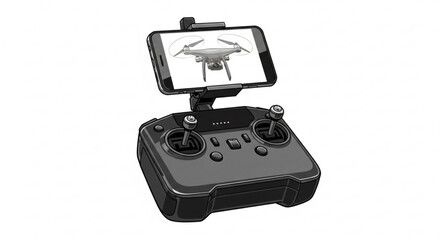 A sleek drone controller, complete with a smartphone displaying a drones view, ready for aerial adventures and photography