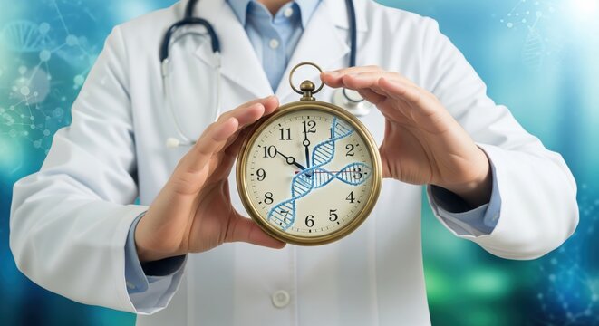 Doctor Holding Clock with Dna Strands in Clinic Setting