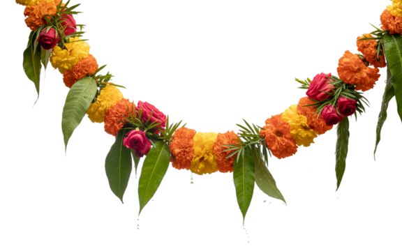 Indian festival toran of marigold flowers isolated on transparent background with mango leaf, hanging