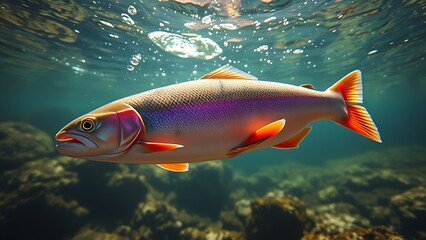 Naklejka premium A rainbow trout glides through a crystal-clear mountain stream, bathed in natural sunlight.
