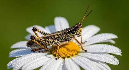Close-up of a Grasshopper Resting on a White Daisy Flower with Dew Drops.