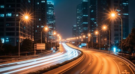 Urban Night Flow - Streaking Car Lights on a Curved City Highway Amidst Illuminated Skyscrapers.