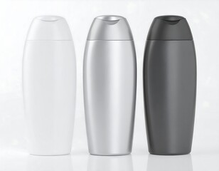 Three blank shampoo bottles in white silver and black perfect for product mockups and branding.