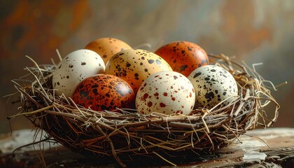 Obraz premium A nest brimming with speckled eggs, showcasing a warm and inviting springtime aesthetic.
