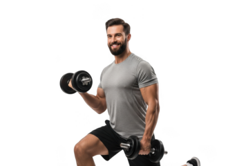 Muscular man lifting dumbbells isolated on transparent background