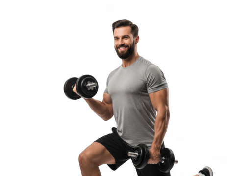 Muscular man lifting dumbbells isolated on transparent background