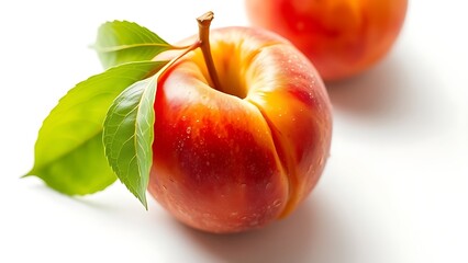 Juicy peach with fresh green leaf on white background, water droplets adding freshness.