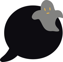 a black circular speech bubble decorated with a gray cartoon ghost that has glowing yellow eyes and a small oval mouth, giving it a spooky Halloween feel.