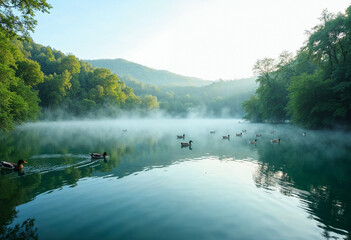 Beautiful Lake Landscape with Birds and Clear Water