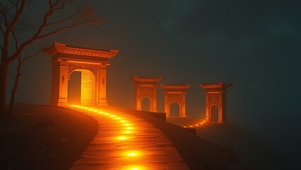 Fototapeta premium A luminous path winding through ancient gates, representing timeless wisdom and longevity.