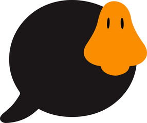 a black circular speech bubble with an orange ghost-like figure featuring two black oval eyes, positioned on the upper right side, giving it a playful Halloween theme.
