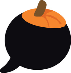 a black circular speech bubble decorated with the top of an orange pumpkin and brown stem, creating a festive Halloween-themed design.