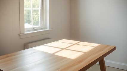 Fototapeta premium Minimalist wooden desk bathed in morning sunlight, offering a clean and inspiring workspace.