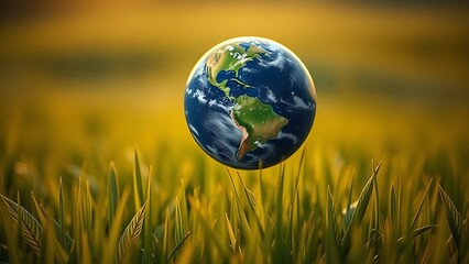 Earth floating above a green field, symbolizing environmental awareness in golden morning light.