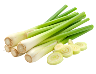 Fresh Lemongrass Display: A vibrant collection of fresh lemongrass stalks, alongside carefully sliced pieces. A sensory celebration of green and beige hues, ready for culinary use.