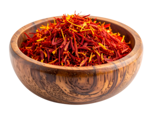 Vibrant Saffron in Wooden Bowl: Aromatic saffron threads spill from a wooden bowl, inviting viewers to savor the visual splendor and the gustatory promises held within.