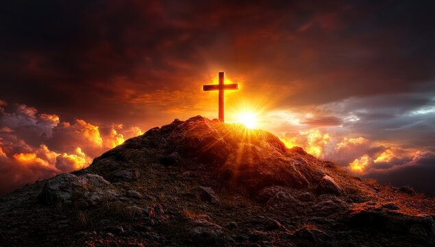 A wooden cross stands atop a rocky hill, silhouetted against a fiery sunset, symbolizing faith and hope