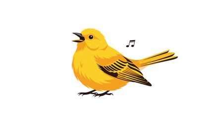 Fototapeta premium A bright yellow bird sings a cheerful song on a white background with musical notes above its head.