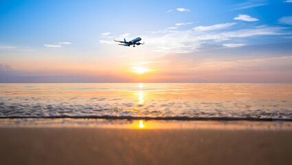 Aviation & Tropical Horizon
Clean and realistic stock photo of airplane in flight over tropical ocean horizon at sunset, professional DSLR quality, ideal for magazine covers, travel ads, and stock por
