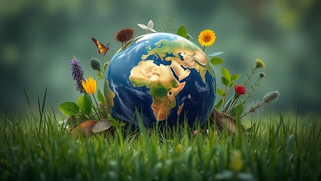 A symbolic globe nestled among natural elements, representing harmony with the environment.