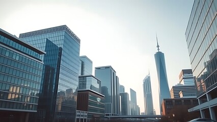 Naklejka premium A modern urban skyline with sleek architecture, presented in a clean daytime composition.