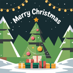 Flat style Christmas trees for holiday greeting card