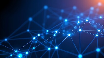 Abstract digital network visualization with glowing blue nodes and flowing connections on dark background.