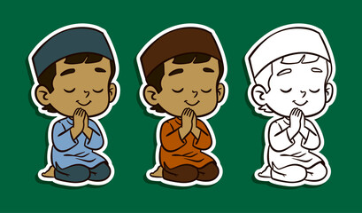 Muslim boy praying sitting pose sticker illustration