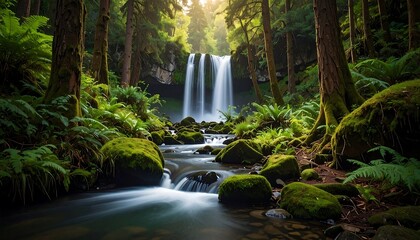 Tranquil waterfall cascading through lush rainforest