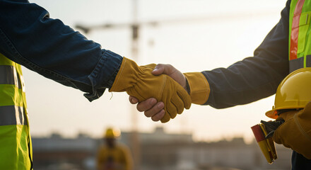 Two construction workers in high-visibility vests shake hands at a sunny job site, symbolizing partnership and success.
