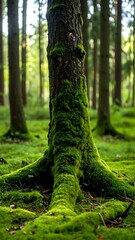 Lush green moss covers the base of a large tree trunk in a dense forest.  Sunlight filters through the trees