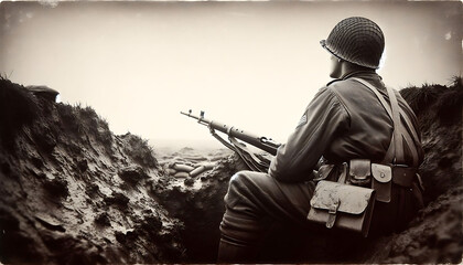 A soldier is sitting in a trench with a rifle in his hand. The image has a somber and serious mood, as the soldier is in a war zone and is preparing to defend himself